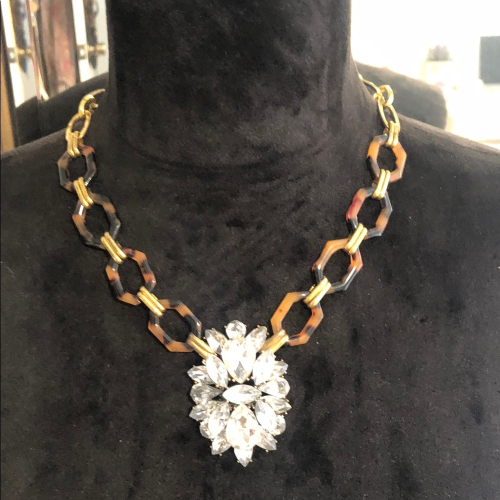 J.Crew Tortoise & Crystal Cluster Chunky Chain Statement Necklace